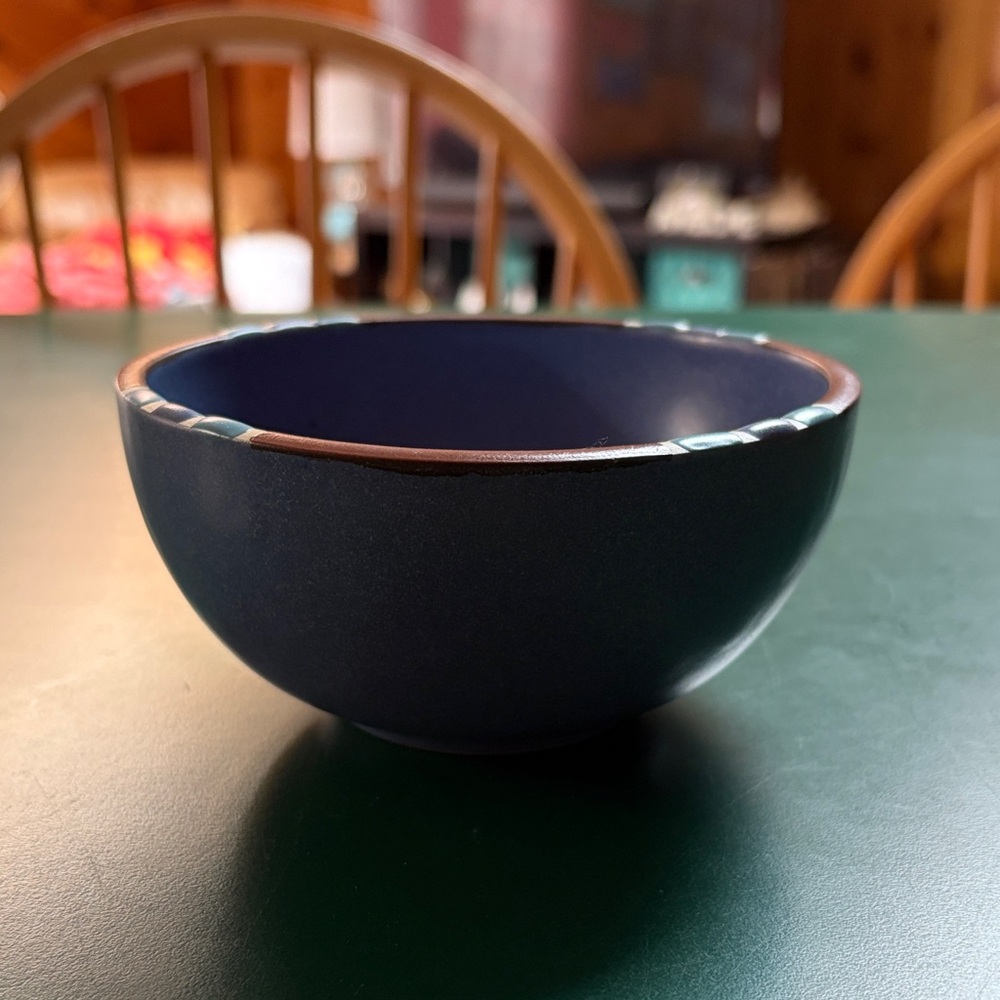 Dansk Mesa Skye Matte Navy Ceramic Bowl with Brown Rim